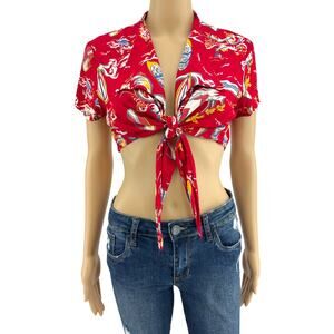 VINTAGE American KALA LARGE 80’s Red Hula Aloha Hawaiian Knot Tie Crop Top Shirt